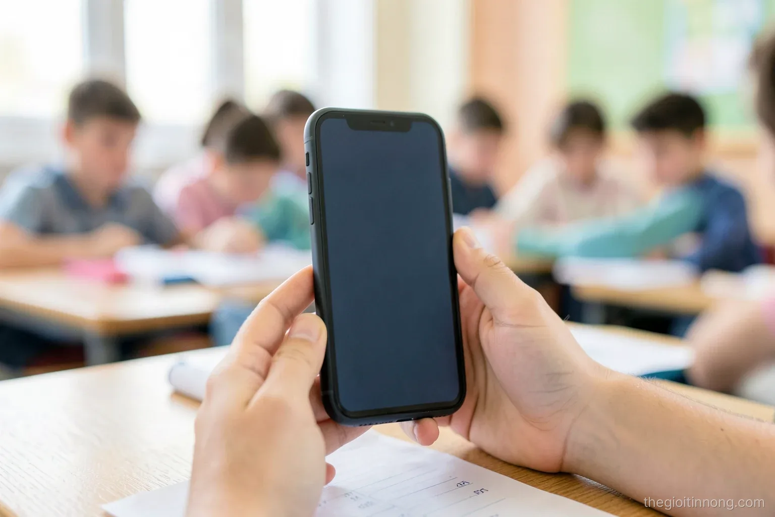Close-up of teenage hands holding a phone with a blank screen above a school desk, thumb hovering, classmates blurred in the background, bright classroom daylight, soft pastel colors