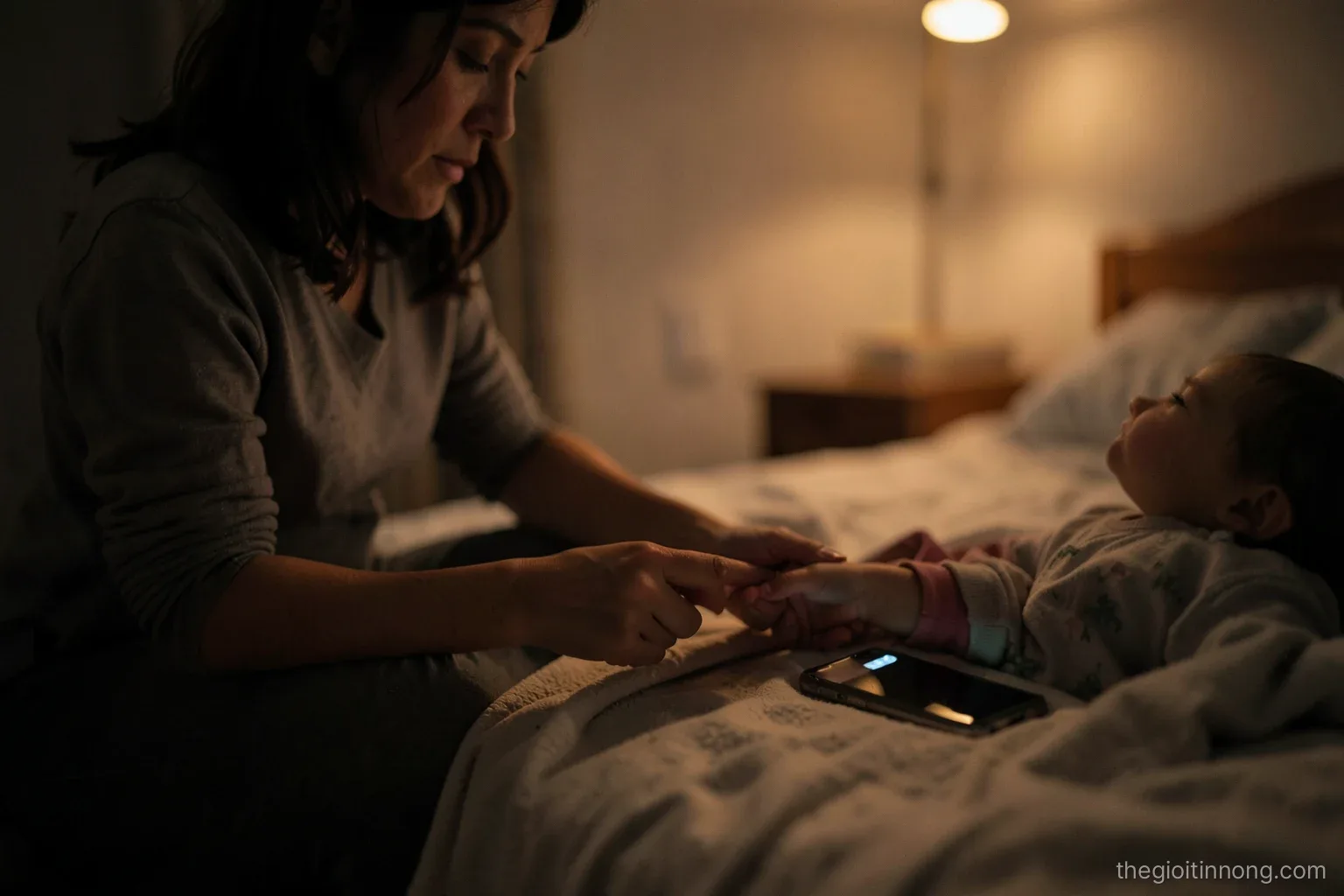 Soft-focus scene of a mother sitting on the edge of a child bed at night, gently holding the hand of a young child, a phone lying face down on the blanket, dim warm nightlight