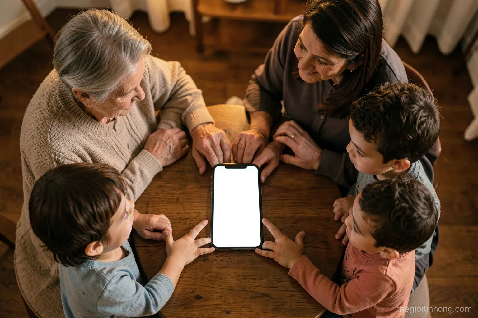 Top-down view of a wooden table where a grandmother, a mother and two children of different ages sit around one phone with a blank screen, warm indoor evening light
