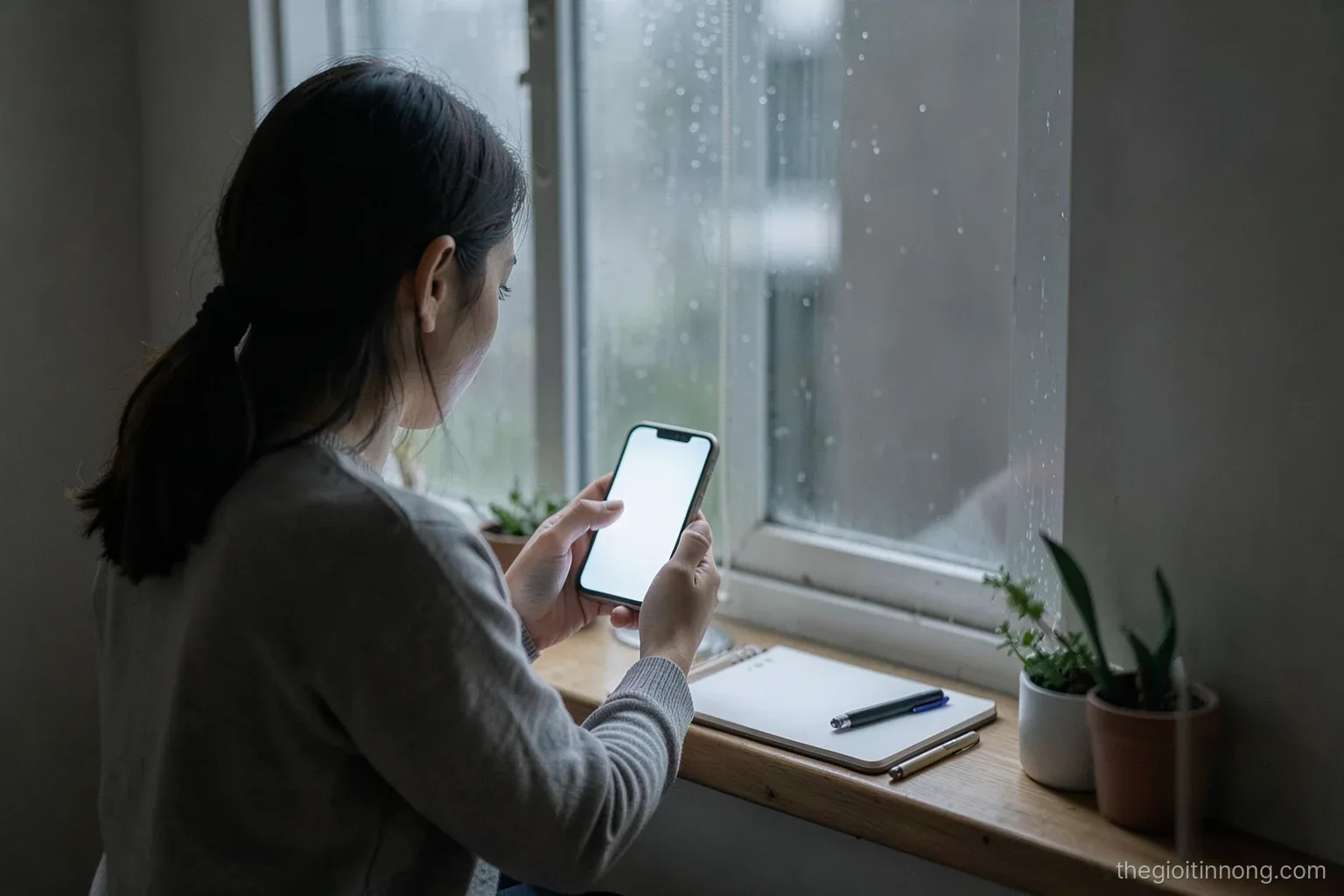 Young woman seen from behind sitting by a window on a rainy afternoon, organizing a phone with a blank glowing screen, a notebook and pen on the sill, soft grey light