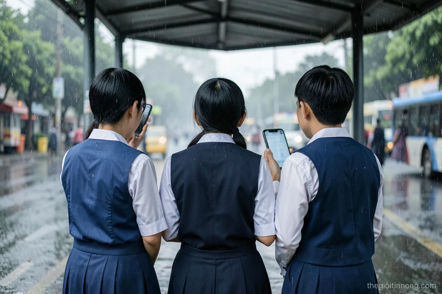 Group of three Vietnamese teenagers in school uniforms seen from behind at a covered bus stop on a rainy morning, one holding a phone with a blank screen, grey wet street, soft diffuse light