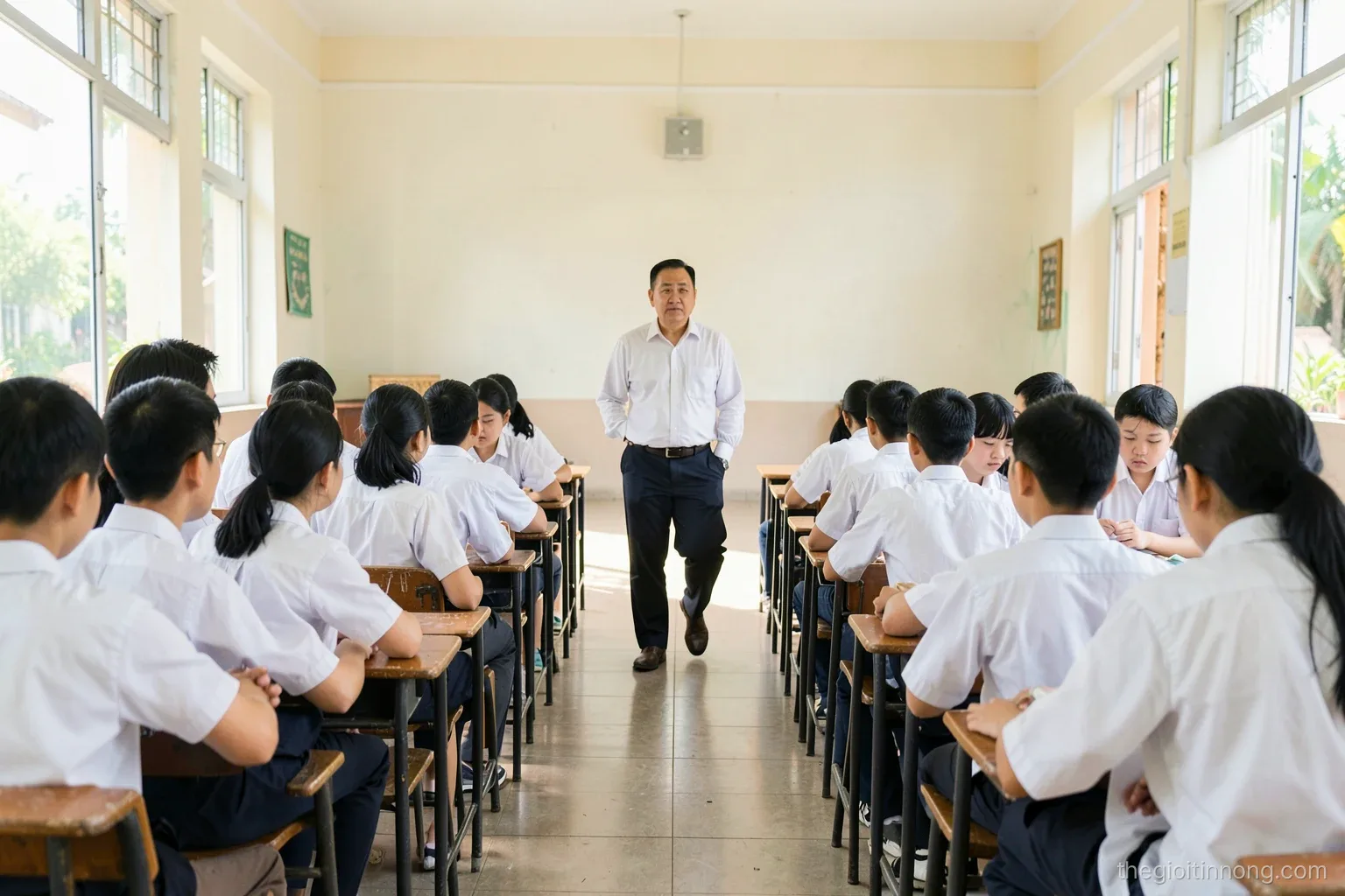 Back of a Vietnamese classroom seen from the last row, middle school students in white shirts gathered in small groups around desks, a teacher walking between them, bright morning daylight