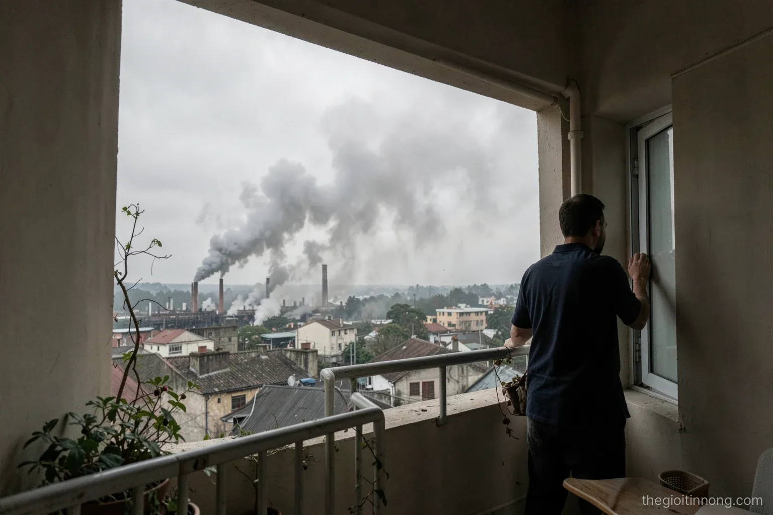 Distant view of a plume of grey smoke over an industrial area beyond rooftops, a man on a balcony seen from behind closing a window, overcast sky, desaturated tones