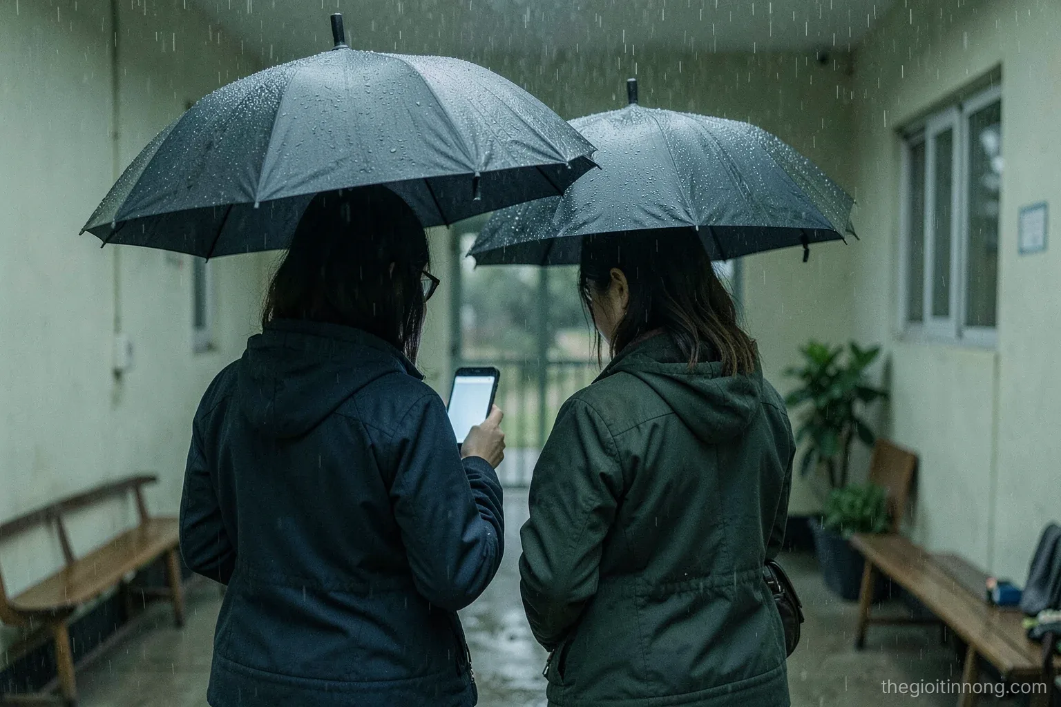 Back view of parents waiting at a school gate in light rain under umbrellas, one mother looking down at a phone with a blank screen, soft overcast light, muted green palette
