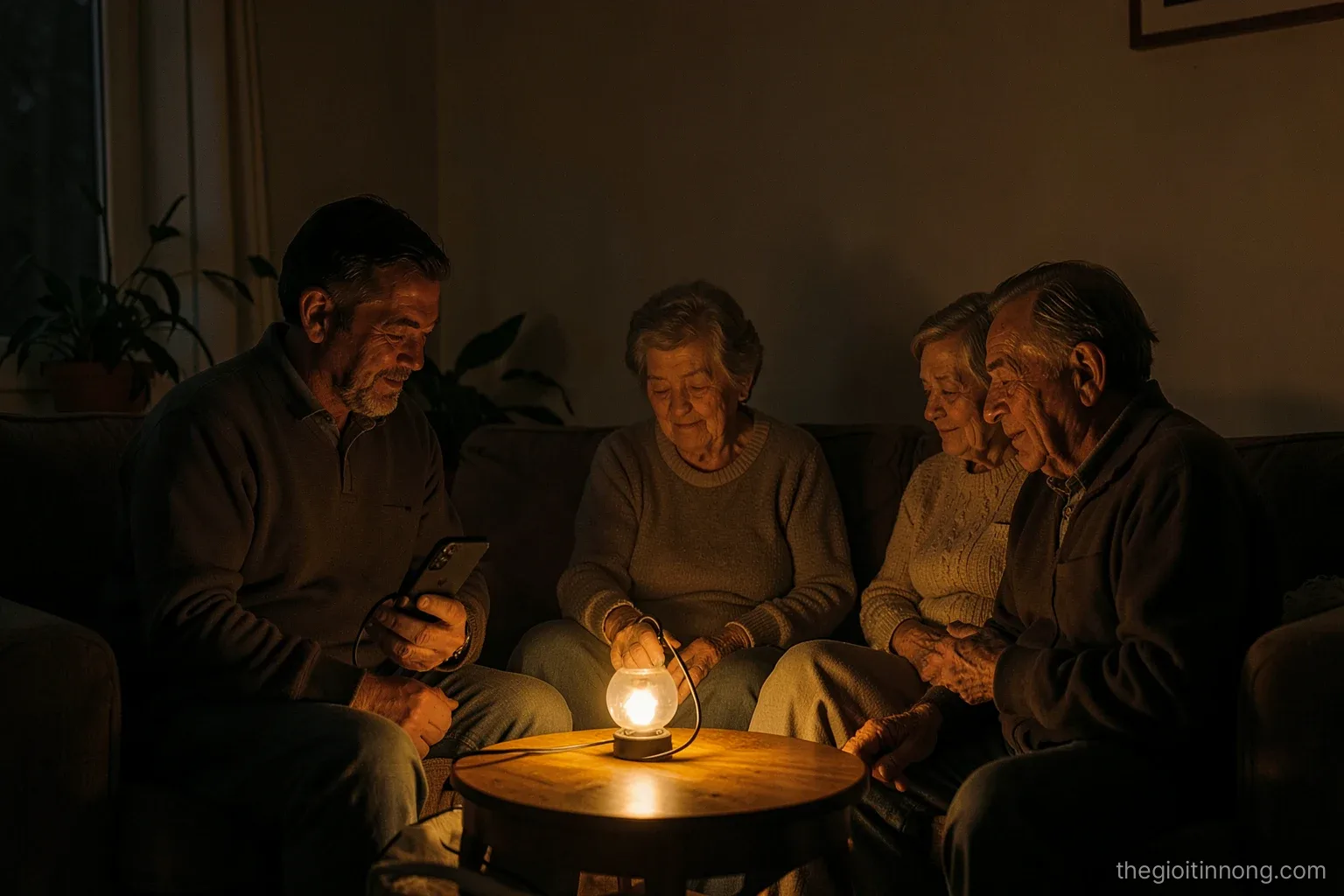 Dim living room during a power outage with a family of three generations sitting around a small battery lamp, one person holding a phone with a blank screen, warm amber light