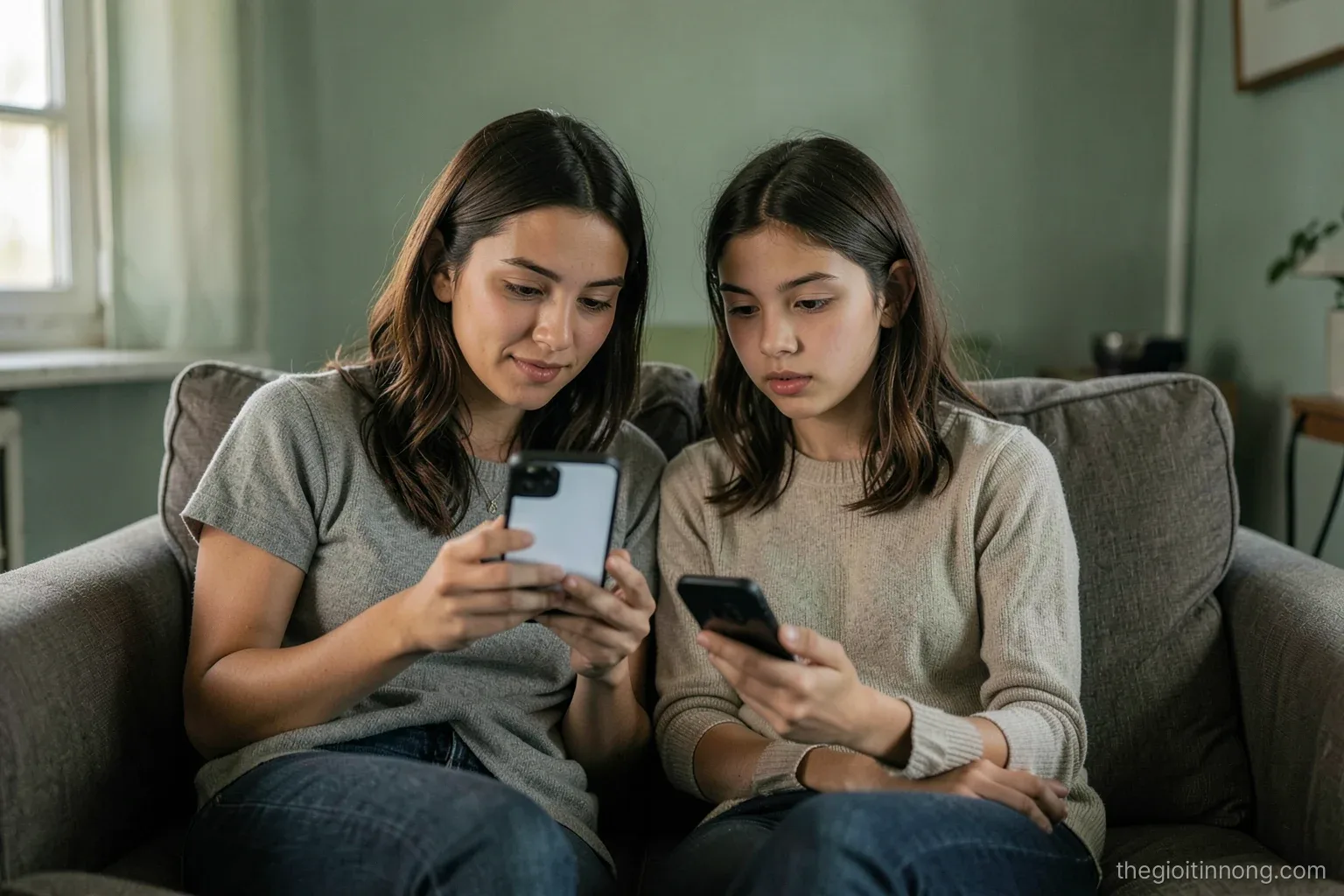 Wide shot of a mother and teenage daughter side by side on a sofa in a modest apartment, both looking at one phone with a blank screen, soft afternoon light, muted green tones