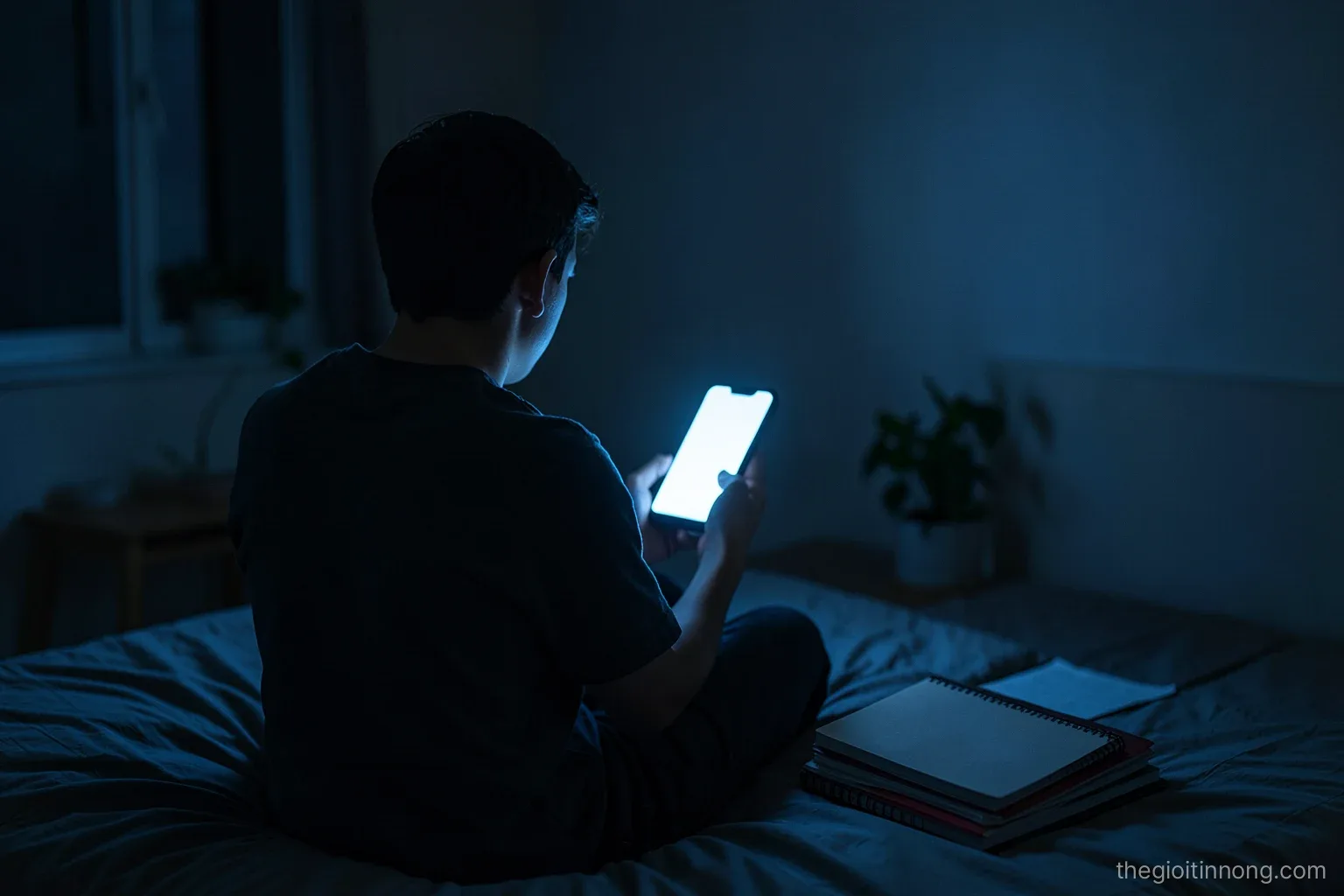 Back view of a teenage student sitting on a bed in a dim bedroom late at night, holding a phone with a blank glowing screen, stacked notebooks beside, cool blue light