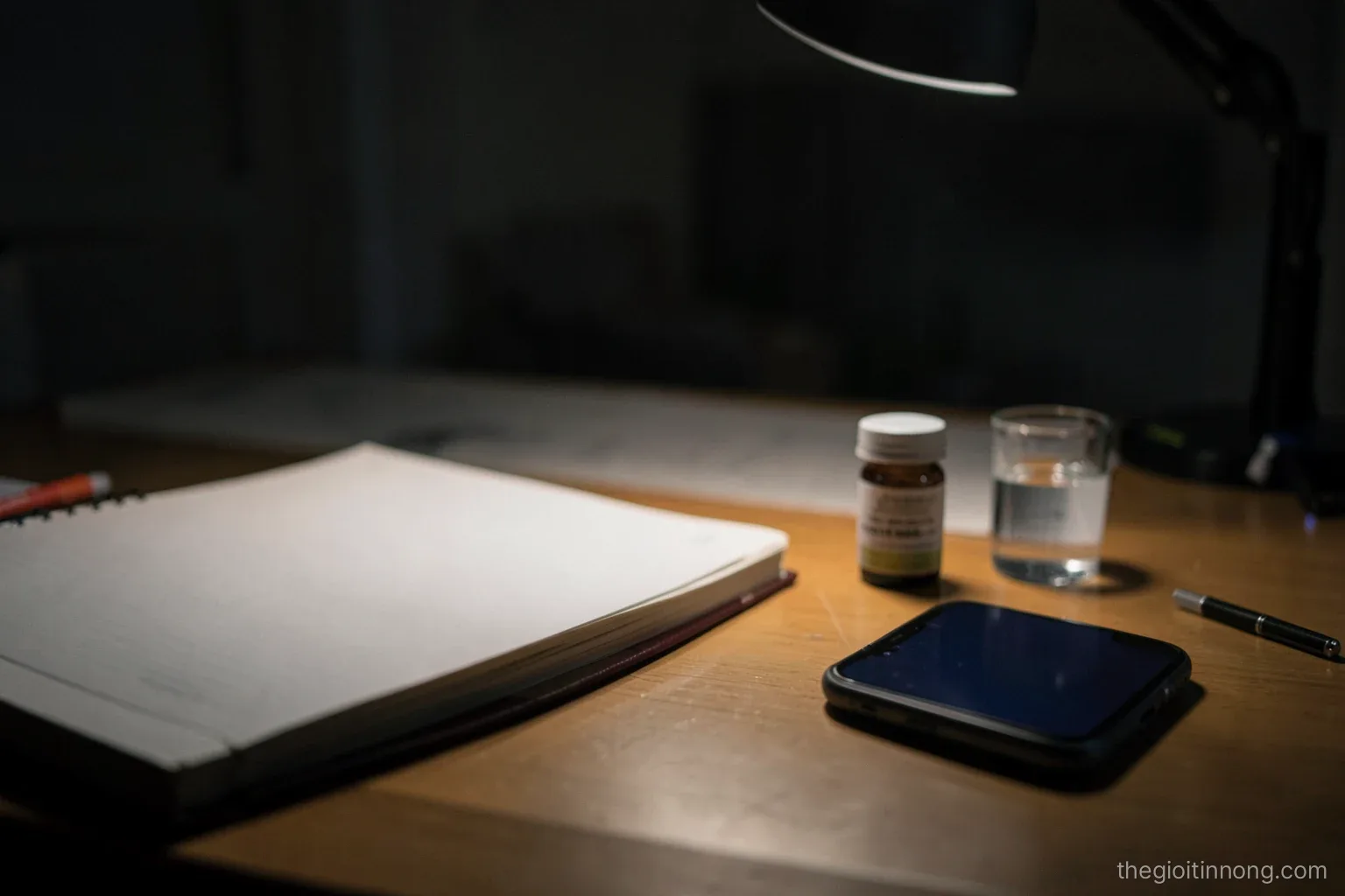 Still life on a student desk at night: closed notebooks, a glass of water and a small unlabeled pill bottle beside a phone with a blank screen, cool desk lamp light